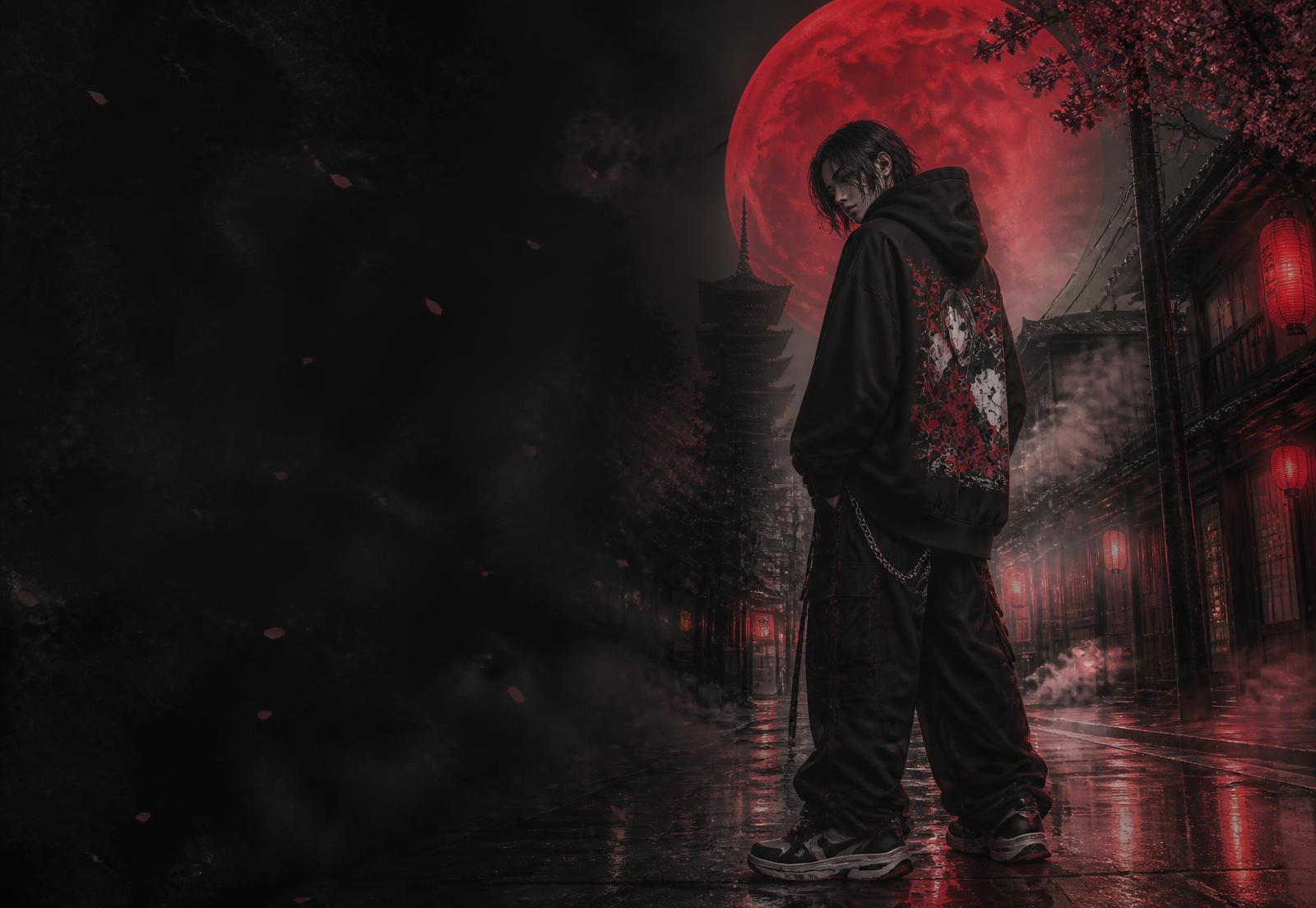 Model wearing dark anime streetwear beneath a red moon